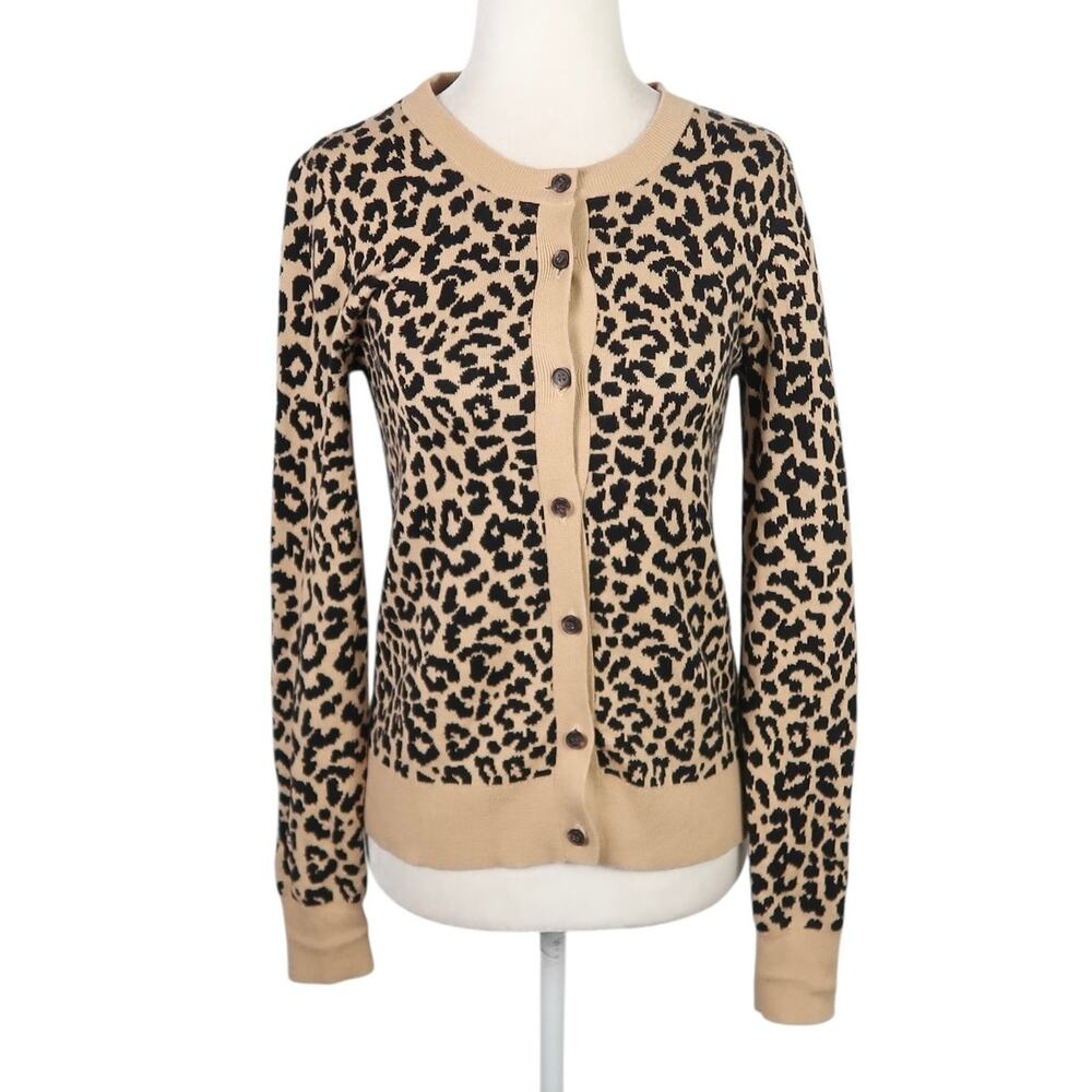 J. Crew tan and black leopard print cotton knit cardigan sweater XXS